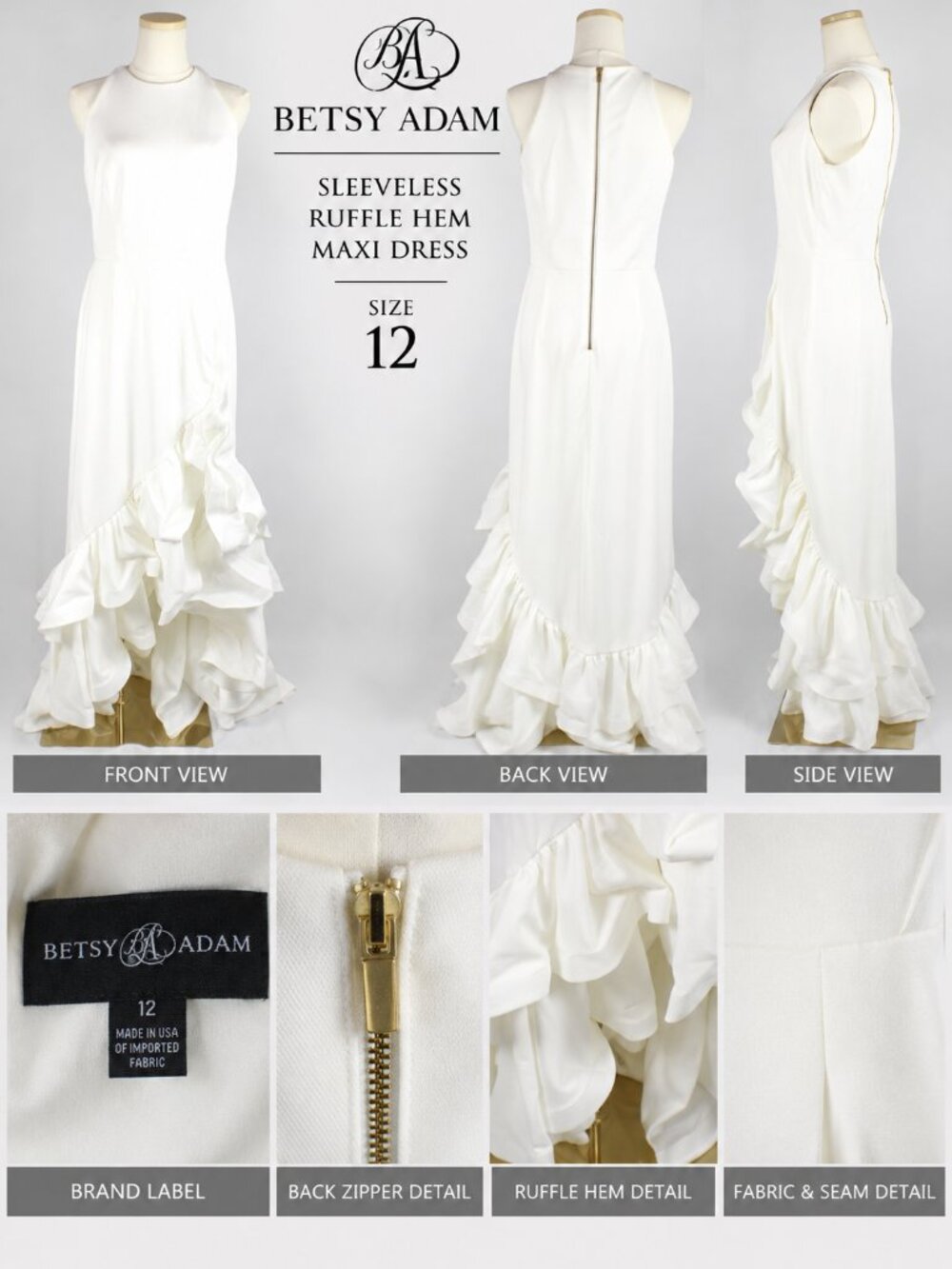 Betsy & Adam White Arielle Scuba Crepe Ruffle Slit Gown Sz 12